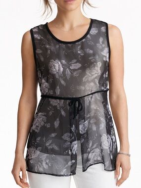 Sheer Tunic Tank Top Topper Layering Piece Sateen Trim & Tie Bold Floral Black M